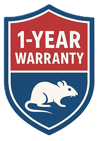 Sign with a 1-year warranty and a rat illustration.