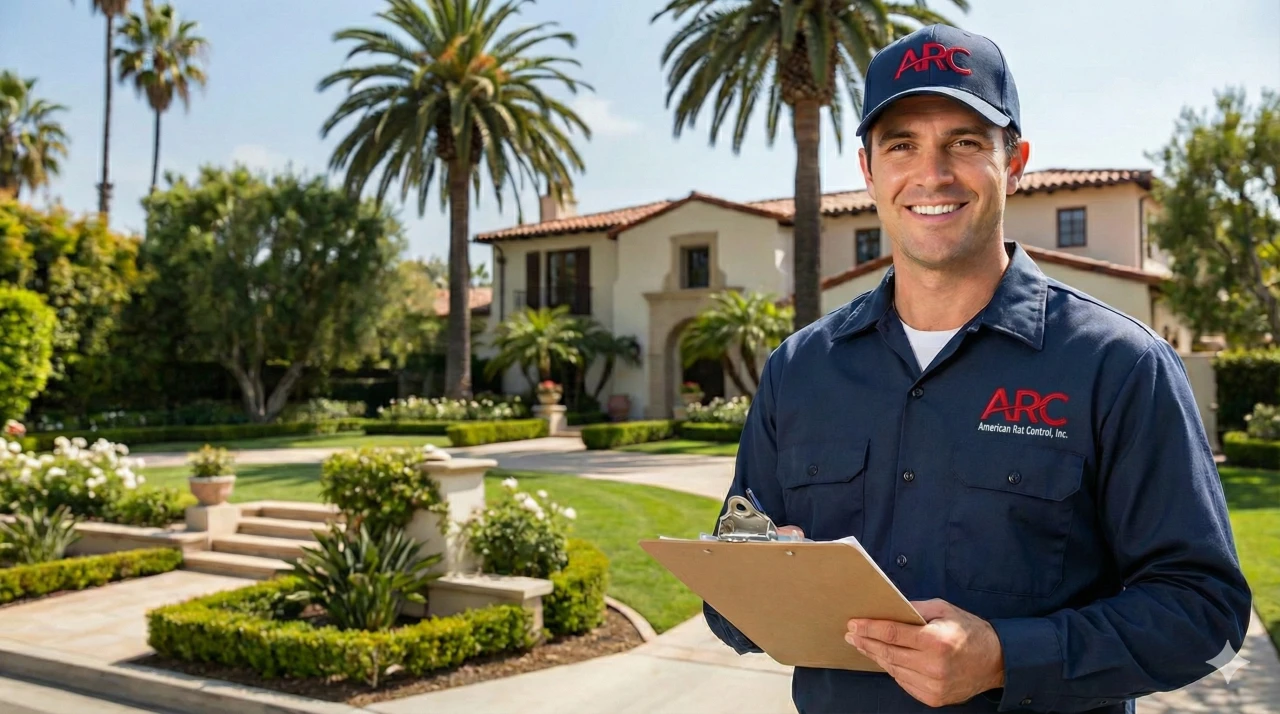 American Rat Control rodent proofing inspector hold a clipboard wearing a dark blue uniform standing in front of a large home