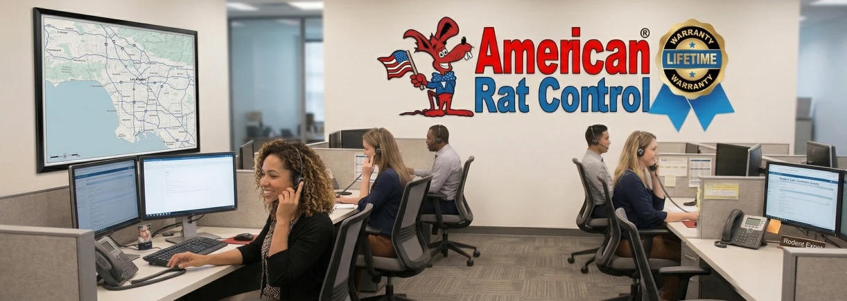 American Rat Control Call Center, with operators and desks with the American Rat Control Logo on the back wall