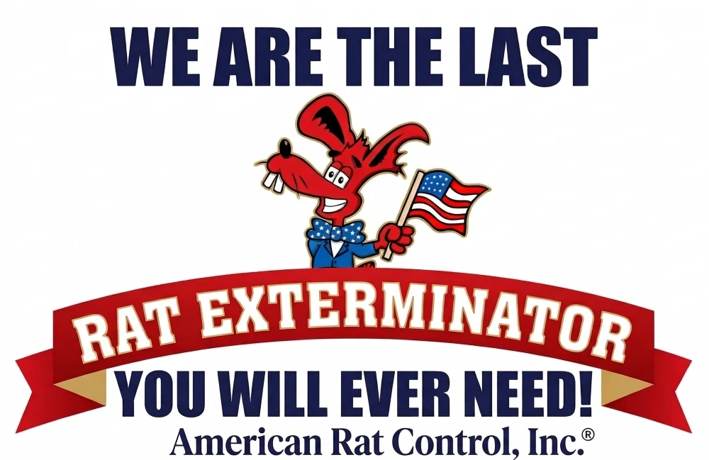 we are the last rat exterminator you will ever need , badge with red, white and blue ribbon for american rat control,
