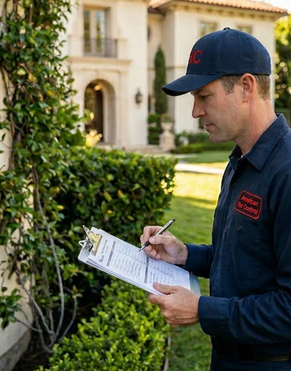American Rat Control tech inspecting a home for rats wearing a blue uniform and holding a clipboard