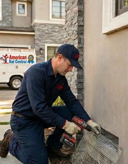 American Rat Control tech rat proofing a home in los angeles, wearing a blue uniform and holding a milwaukee drill and wire mesh
