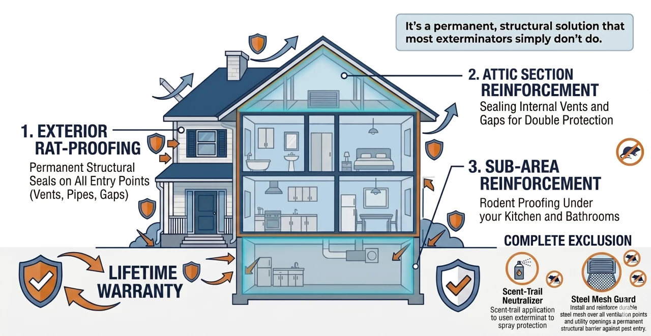 The ARC Rodent Blocker System diagram showing exterior, attic, and sub-area reinforcement