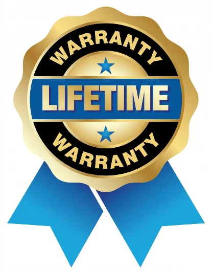 American Rat Control lifetime warranty badge, with gold and black lettering and a blue ribbon