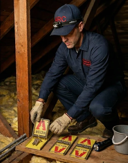 American Rat Control tech in an attic space setting victor rat traps wearing a blue uniform